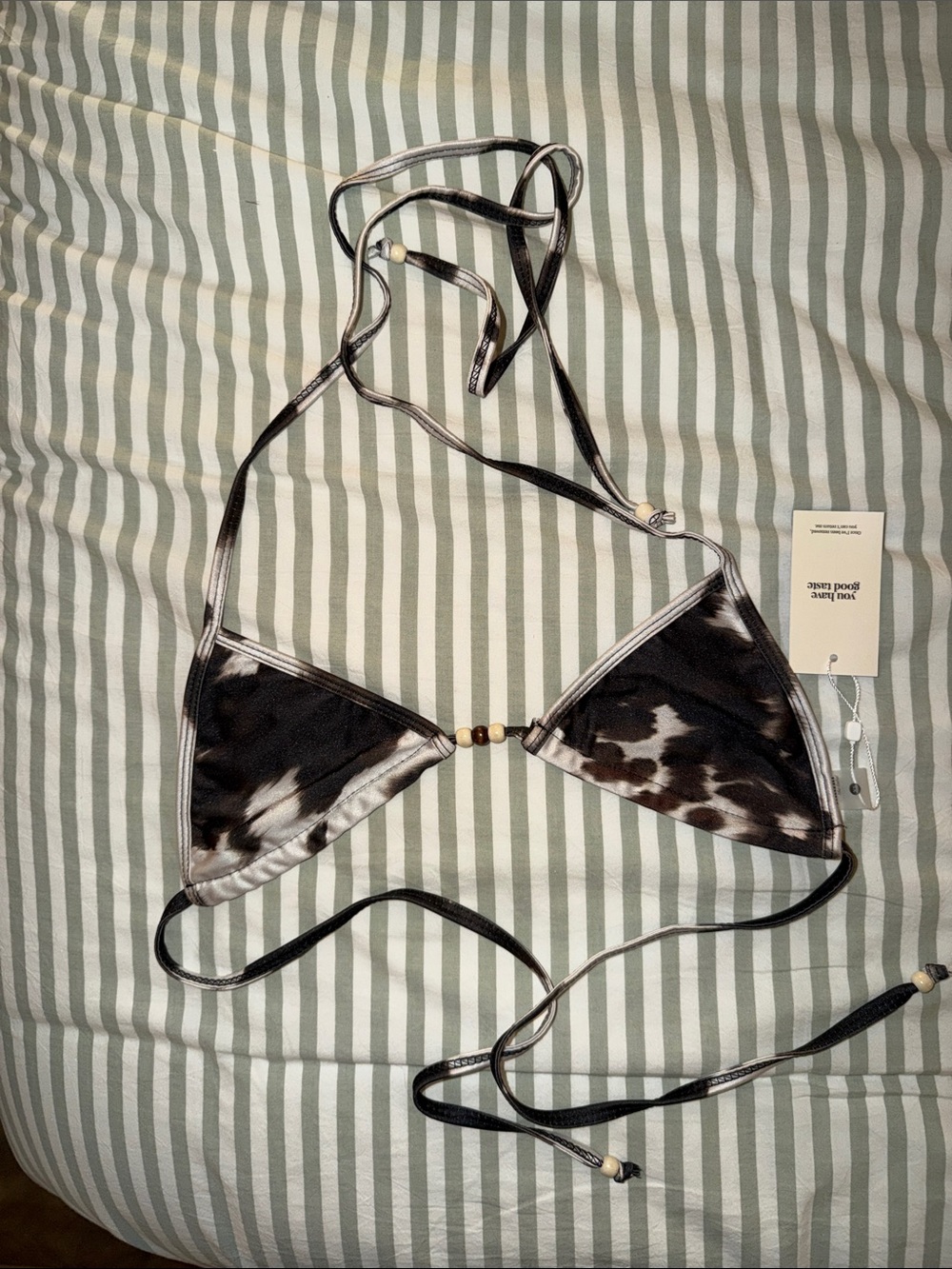 Triangle Bikini Top in Black Tie-Dye with Bead Detail